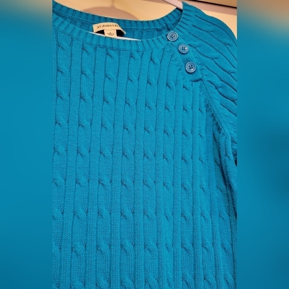St. John's Bay turquoise blue long sleeve cable knit sweater  button detail Sz L - Picture 4 of 5
